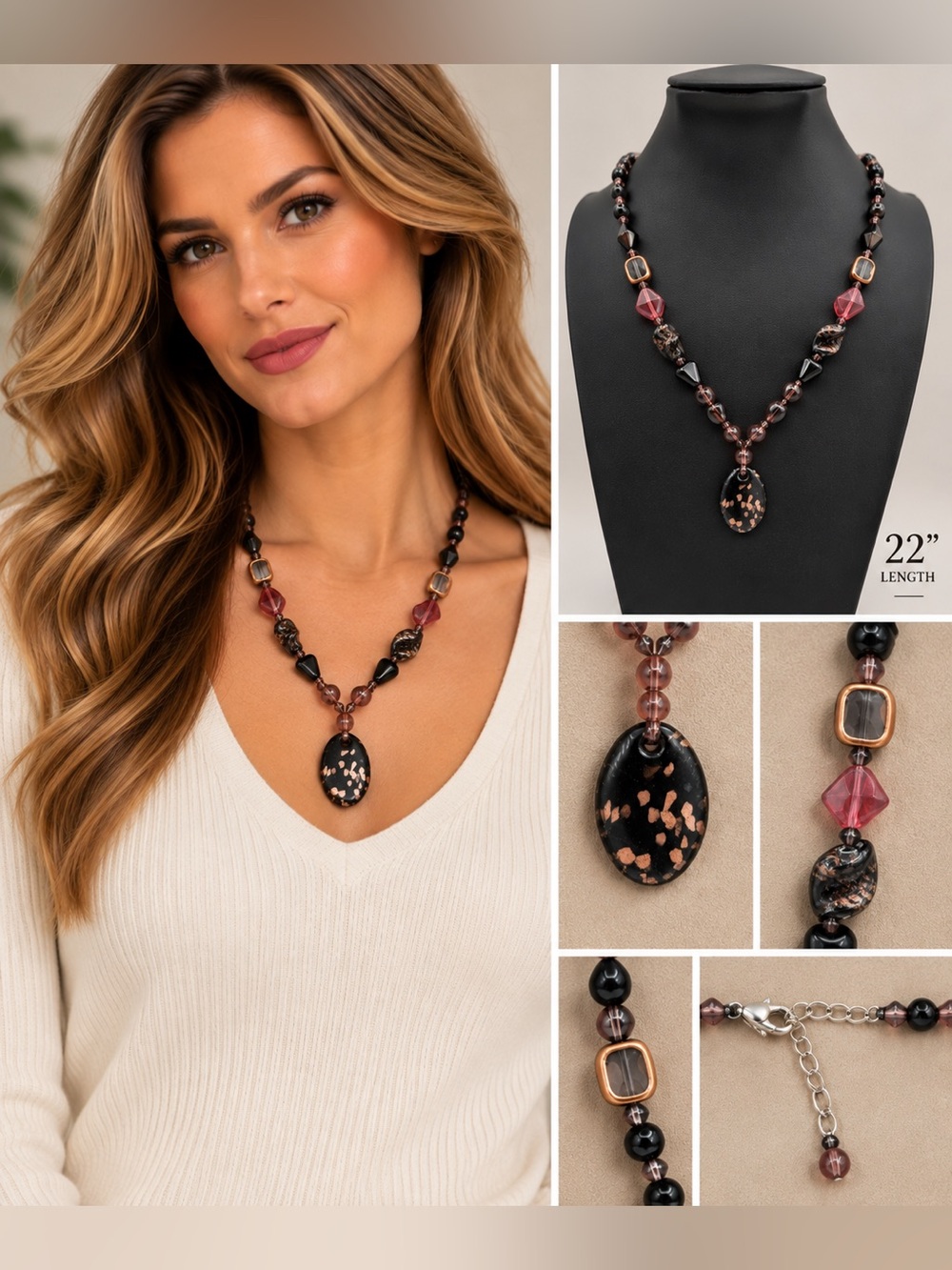 Black Beaded Necklace with Rose-Gold Flecked Pendant